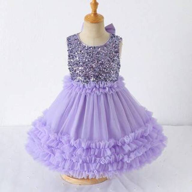 SHEIN Young Girl Sequin Contrast Mesh Ruffle Hem Sleeveless Dress