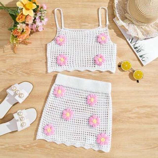 SHEIN Tween Girls White Minimalist Crochet Hollow Out Camisole Top And Skirt 2 Pieces Set