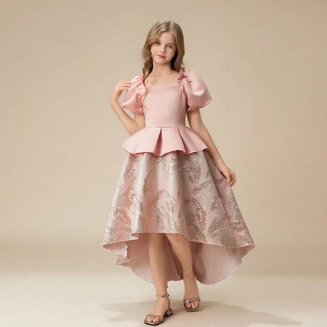SHEIN Tween Girls&#39; Satin Patchwork Puff Sleeve Jacquard Fabric Ball Gown Dress, Suitable For Flower Girl, Wedding, Prom, Birthday Party
