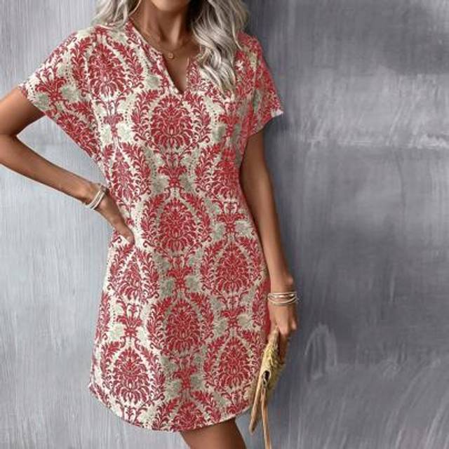 SHEIN Summer Allover Print Notched Neck Batwing Sleeve Tunic Dress