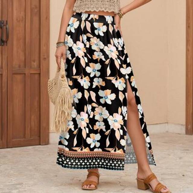 INAWLY Women&#39;s Holiday Casual Floral Maxi Slit Skirt