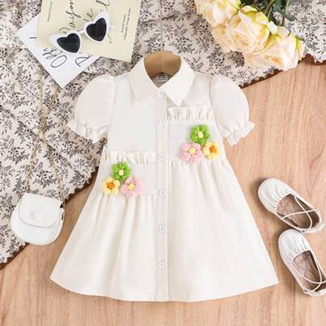 SHEIN Baby Girl Sweet Chic Street Style Adorable Bubble Sleeve Shirt Dress, Summer