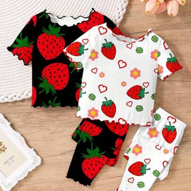 SHEIN 4pcs Baby Girls' Ruffled Strawberry Pattern Contrast Color Pajamas, Multi-Pack, Suitable For Summer