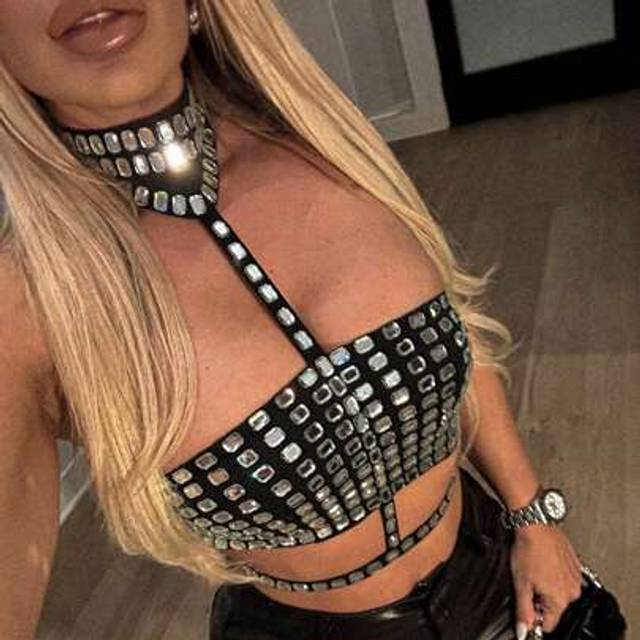 SHEIN Women&#39;s Mock Neck Sleeveless Sequin Party Sparkly Halter Crop Tank Tops Clubwear Cocktail Vest Disco Clothes