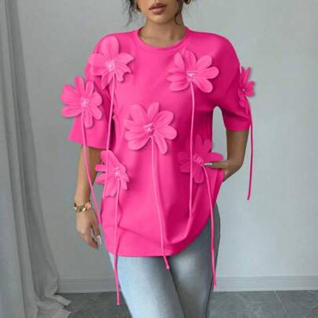 Calvaya Women&#39;s Elegant 3D Floral Print Short Sleeve T-Shirt, Valentine&#39;s Day