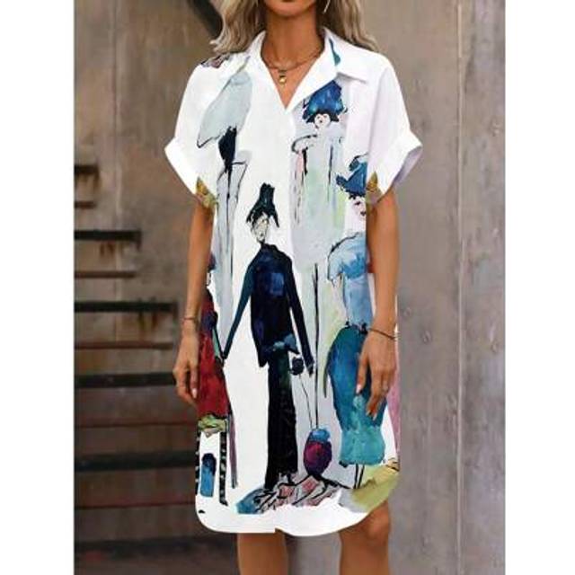 SHEIN Summer Casual Person Print Button Front Shirt Dress