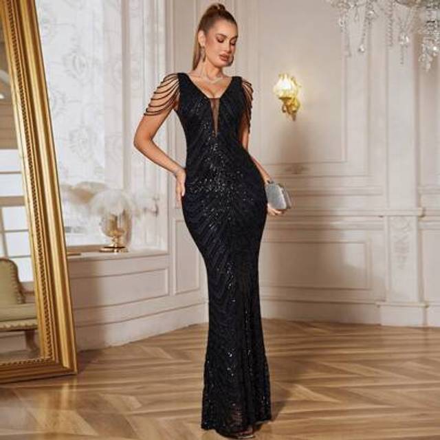 SHEIN Women Sparkly V-Neck Party Dress, Wedding Guest Dress, Formal Dress, Evening Dress, Gown