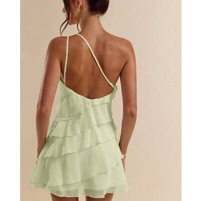 SHEIN Summer Beach Vacation Solid Color Apricot Layered Lotus Leaf Cake Mini Dress, Suitable For Daily Dating, Night Out, Nightclubs, Parties, Get-Togethers