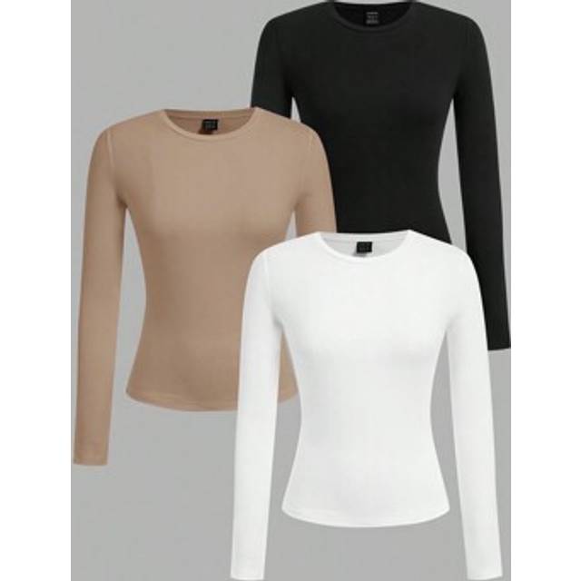 SHEIN 3pcs/Set Plus Size Women&#39;s Black, Khaki, White Crew Neck Long Sleeve Fitted Long T-Shirt Set, Casual, Suitable For Autumn/Winter