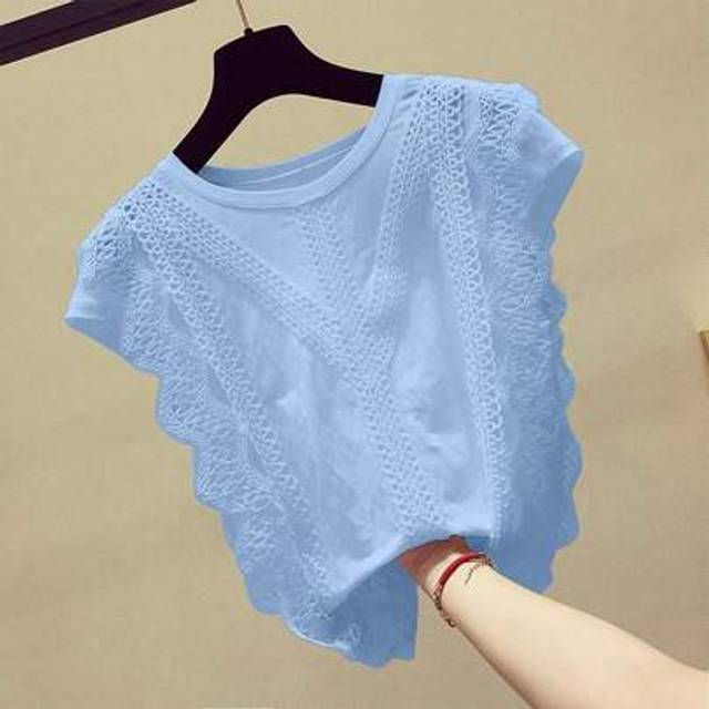 SHEIN Fashionable White Lace Floral Splice Casual T-Shirt For Women, Summer