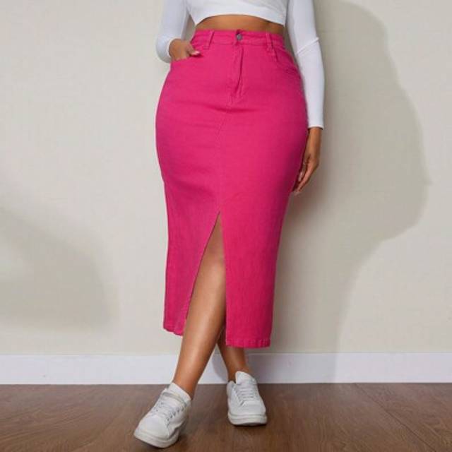 SHEIN Plus Size Solid Color Pocket Fitted Slit Long Denim Skirt