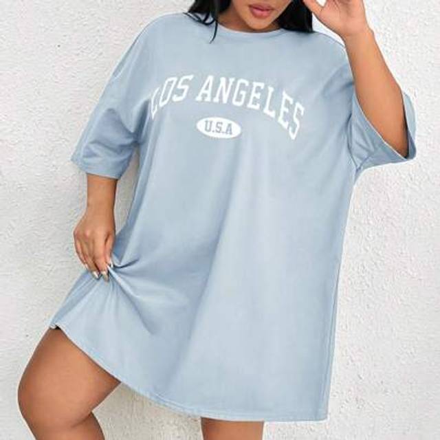 SHEIN Plus Size Women Letter Print Drop Shoulder Plus Size T-Shirt Dress