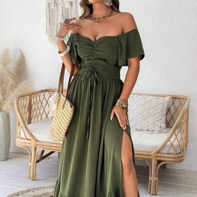 Franclia Plus Size Women Elegant Off Shoulder Ruffled Cinched Waist A-Line Long Dress, Spring/Summer