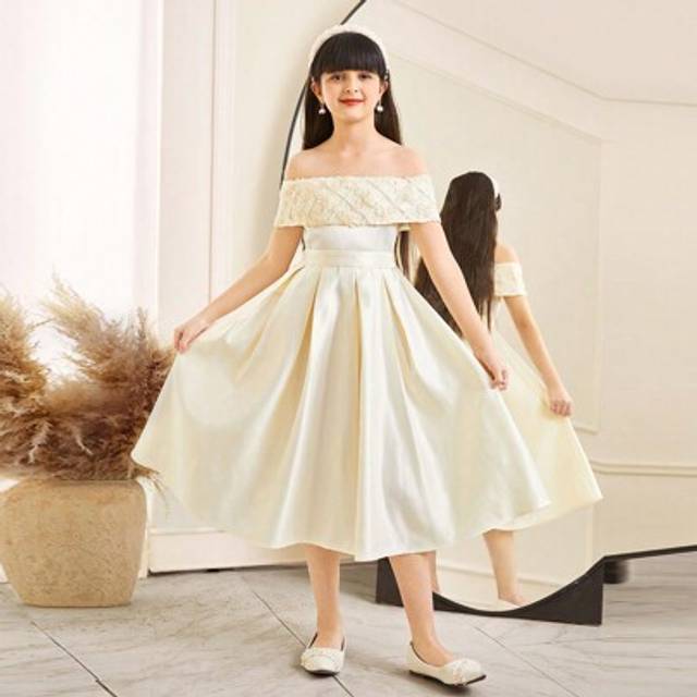 SHEIN Tween Girl Elegant Off Shoulder 3D Floral Lace Patchwork Pleated Swing Dress