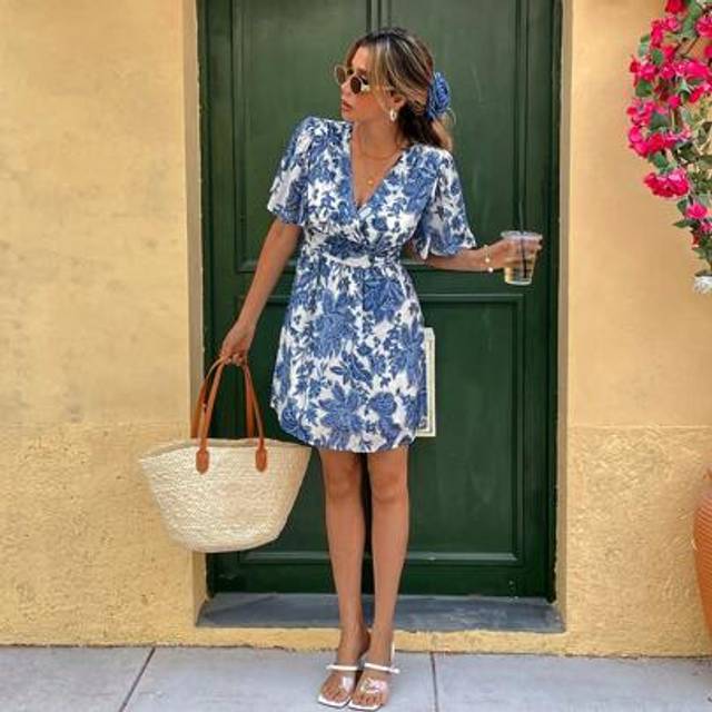 Calvaya Women&#39;s Casual Short Sleeve Shirred Ruffle Floral Midi Dress For Spring And Summer