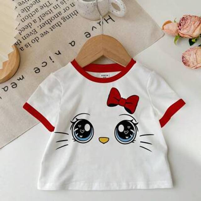 SHEIN Cute Cartoon Cat Face & Bow Print Young Girl Casual Minimalist Round Neck Short Sleeve T-Shirt, Suitable For Summer