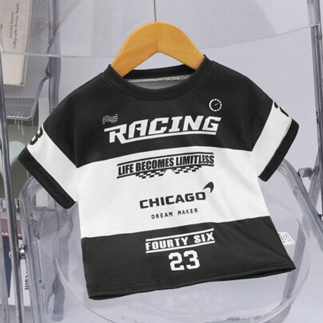 SHEIN Baby Boy Short Sleeve T-Shirt With Racing Car & Letter Print, Color Block Design, Stylish For Casual Outings And Play