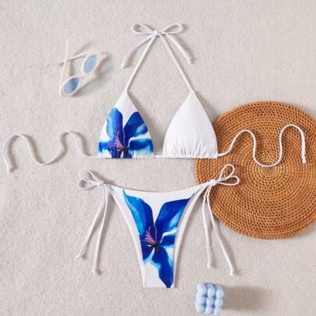 SHEIN Women&#39;s Summer Floral Print Bikini Set With Tie Triangle Top And Side-Tie Triangle Bottom