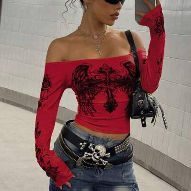 StreetHx Women&#39;s Streetwear Heart Print Off Shoulder Long Sleeve T-Shirt