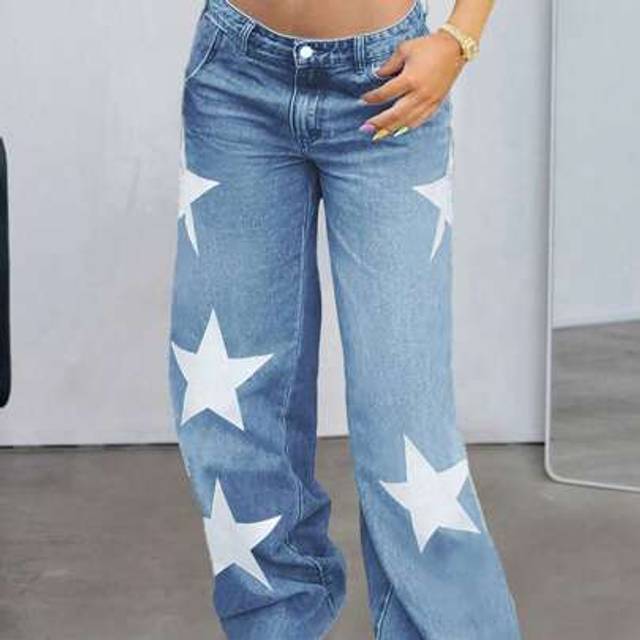 SHEIN Y2K Street Star Print Mid-Waist Straight Leg Denim Pants Music Festivals Jeans