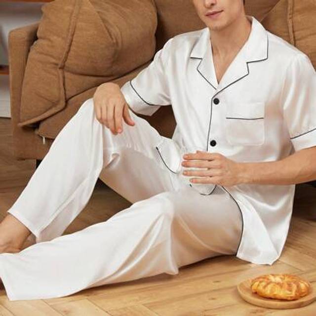 SHEIN Men Contrast Binding Short Sleeve Top & Pants Satin PJ Set / Pajama Set White Set