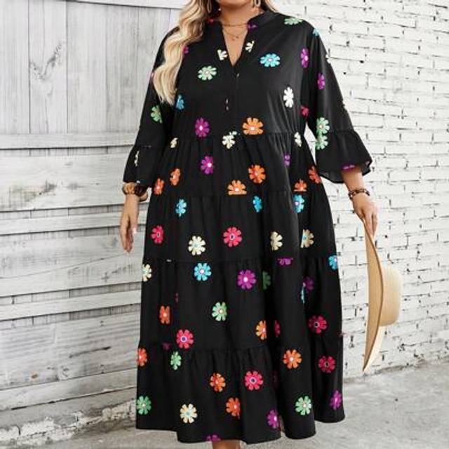 SHEIN Plus Size Women Floral Print Loose Long Dress Homecoming Fall New Years Women Outfit Eve Outfit Holiday Outfit Holiday Party Dress Plus Dress,Curve Pl