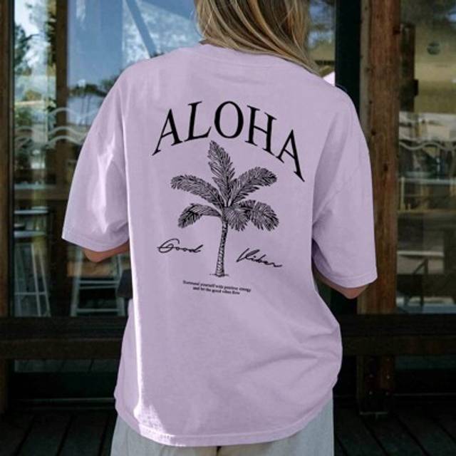 SHEIN Ladies&#39; Spring And Summer New Palm Tree Slogan Print Daily Casual Round Neck Short Sleeved T-Shirt Fashionable Vacation Style, Your Daily Necessity. G