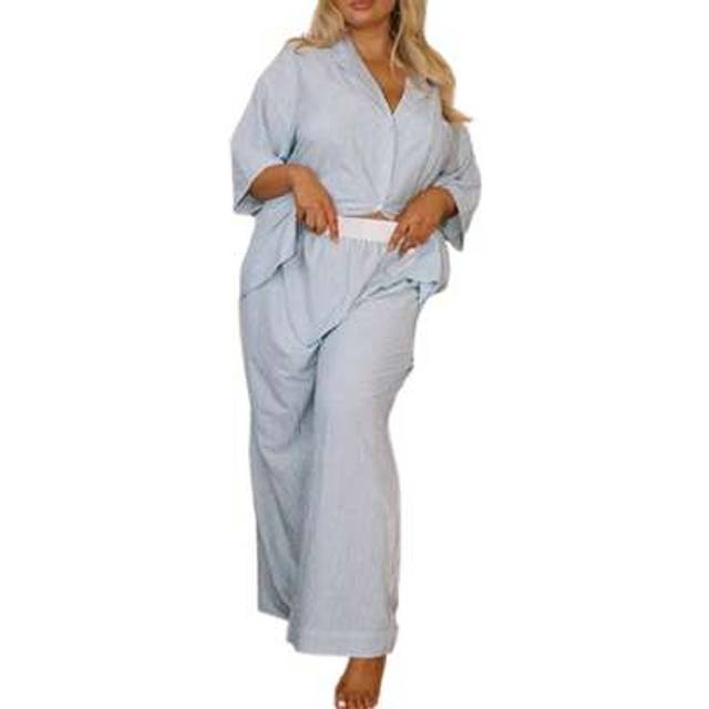 SHEIN Women&#39;s 2 Piece Casual Set Short Sleeve Lapel Button Up Striped Shirt Wide Leg Pants Sets