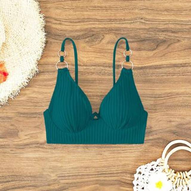 SHEIN Solid Color Ring Accent Spaghetti Strap Bikini Top, Non-Push Up