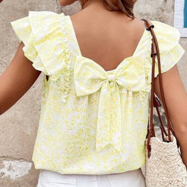 SHEIN Women&#39;s Casual Tiny Ditsy Floral Bow Back Ruffle Short Cap Sleeve Blouse, Suitable For Spring/Summer Daily, Vacation Outfit