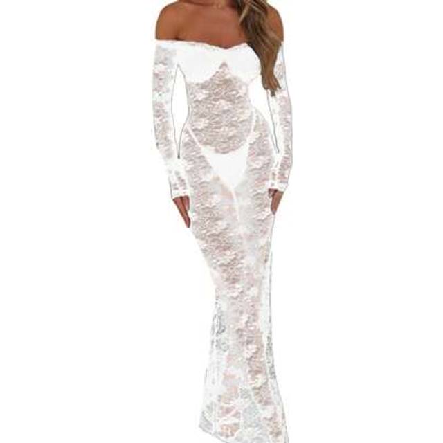 SHEIN Womens Slim Long Dress Sheer Lace Flower See Through Long-Sleeve Off Shoulder Dress For Spring Summer