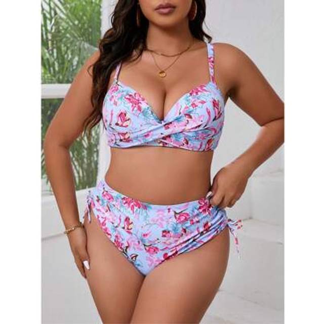 SHEIN Plus Size Women Leaf & Floral Print Hard Cup Floral Print Drawstring Split Bikini Set, Elegant And Sexy