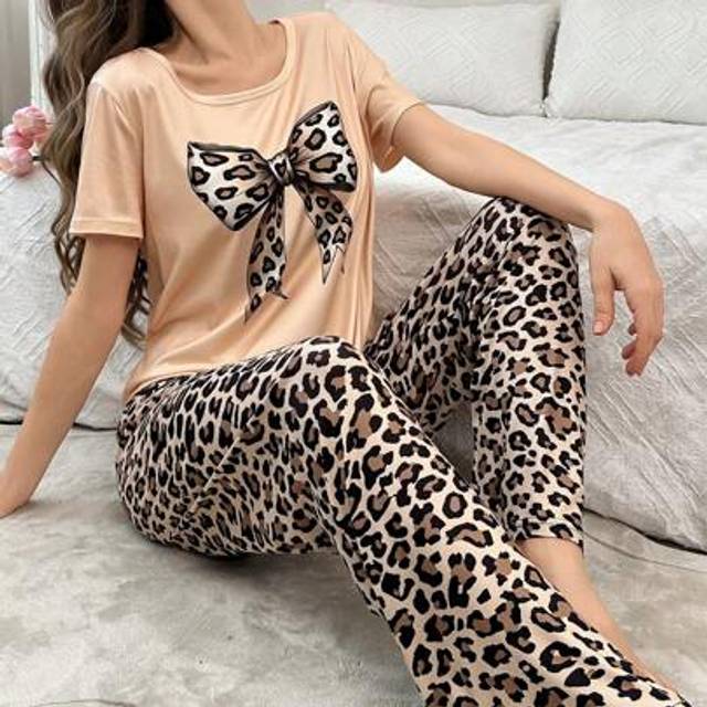 SHEIN Leopard Bow Print Short Sleeve Casual Pajama Set For Women Bow Tie