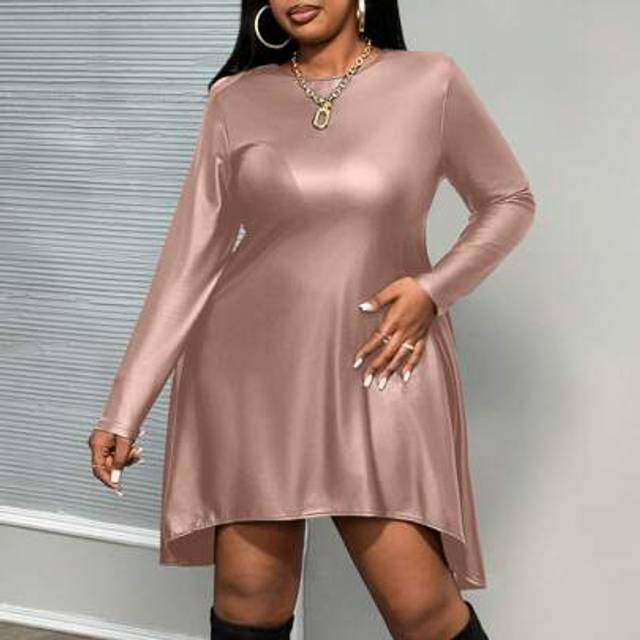 Slaydiva Elegant & Party & Gathering & Date, Form-Fitting Solid Black Long Sleeve Asymmetric Hem PU Coated Lightweight Stretchy Bodycon Mini Dress, Plus Size -