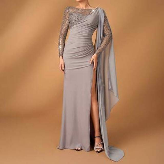 Serin Luxurious Elegant Mesh Long Sleeve Beaded Patchwork Knitted With Chiffon Flared Cuff Ruched Slit Fishtail Hem Trailing Gown, Suitable For Wedding Even