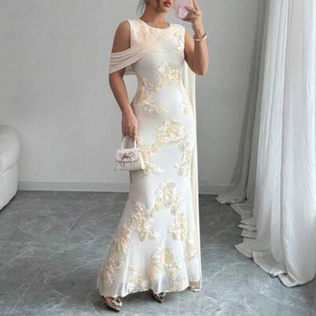 Rafferiza Elegant French Style Evening Party Cocktail Floral Decor Sleeveless Maxi Dress, Tight-Fitting, Smooth Fine Texture, Apricot, For Women, Spring/Summer