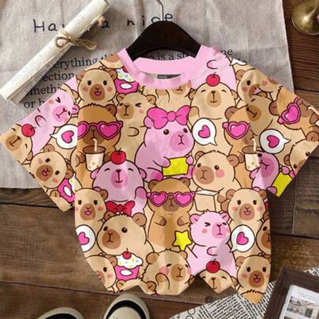 SHEIN Cute Capybara Print, Pastel Colored, Tween Girl Casual Minimal Short Sleeve Crew Neck T-Shirt, Suitable For Summer