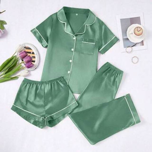 SHEIN 3 PiecesWomen&#39;s Contrast Color Trim Solid Color Faux-Silk Pajama Set
