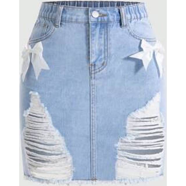 SHEIN Tween Girl Denim A-Line Skirt, Versatile, Popular, Fashion, Butterfly Decor, Distressed Washed, Casual Vacation Style