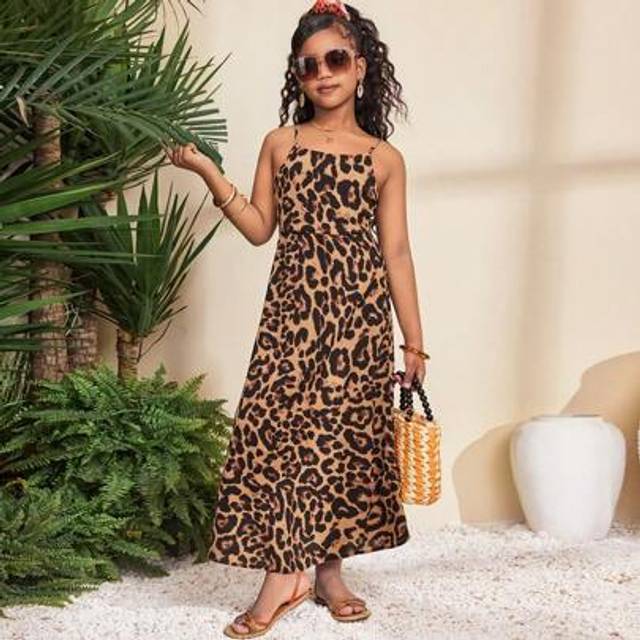 SHEIN Tween Girls&#39; Casual Vacation Streetwear Leopard Print Sleeveless Cinched Waist Dress With Ruffle Hem