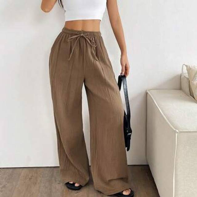 Solflare Plus Size Women&#39;s Solid Wrinkle Textured Loose Drawstring Waist Tie-Up Wide Leg Casual Loose Fit Palazzo Pants, Summer,Summer Pants Pantalones De Muje