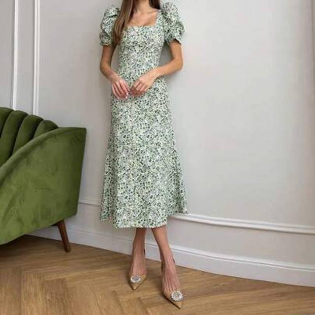 SHEIN Womens Summer Midi Dress Casual Short Puff Sleeve Floral Print A-Line Dress Elegant Flowy Dress