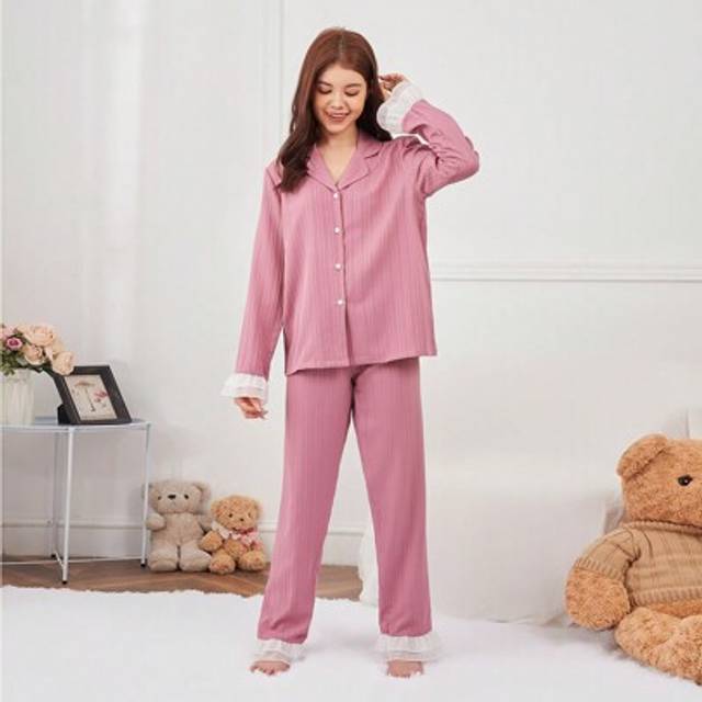 SHEIN Teen Girl Contrast Ruffle Button Front PJ Set