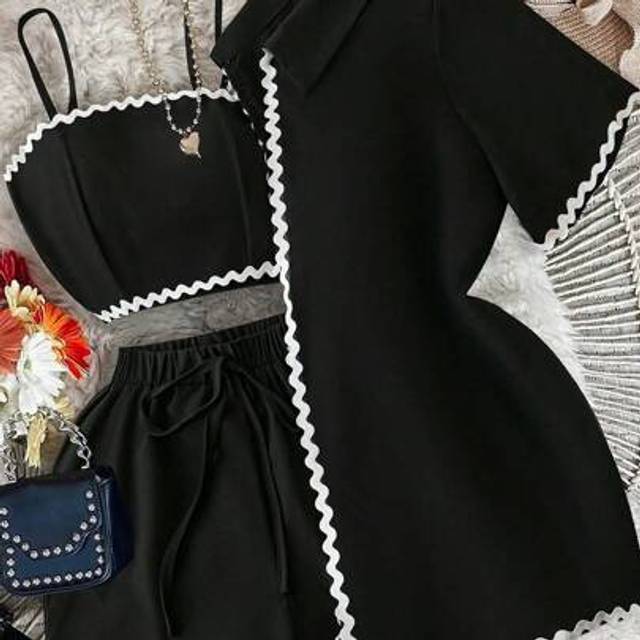 Breezaya 3-Piece Set For Plus Size Women: Polo Collar Blouse, Contrasting Wave Pattern + Camisole + Elastic Waist Shorts With Webbing Patchwork, Minimalist & F
