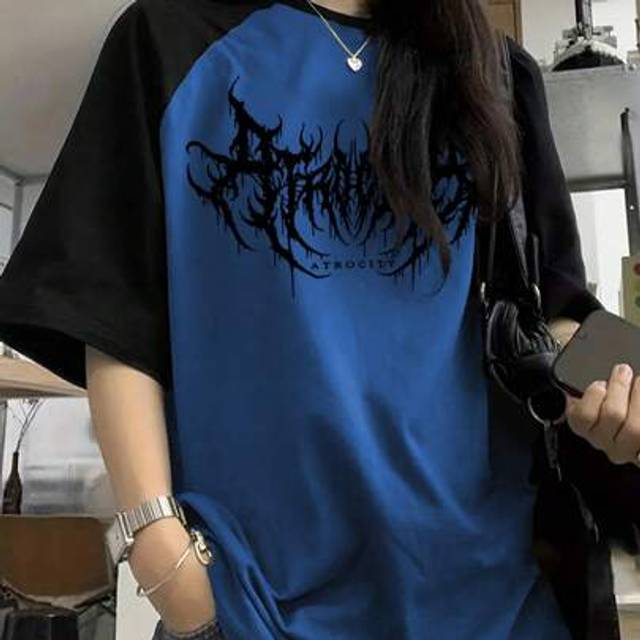 SHEIN Women&#39;s Retro Cool Gothic Punk Rock Grunge Spliced Lightning Graphic Raglan Sleeve Contrast Color T-Shirt Top