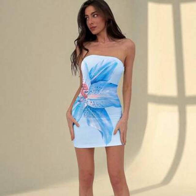 Aloruh Spring New Tight Lily Flower Pattern Tube Top Mini Dress, Fits Summer/Vacation/Beach/Elegant Date/Music Festival,Party Dress