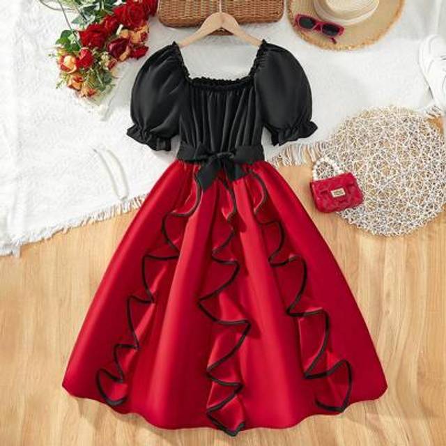 SHEIN Teen Girl Elegant Ruffle Square Collar Bow Splice Valentine&#39;s Day Dress,Holiday,Summer,Travel