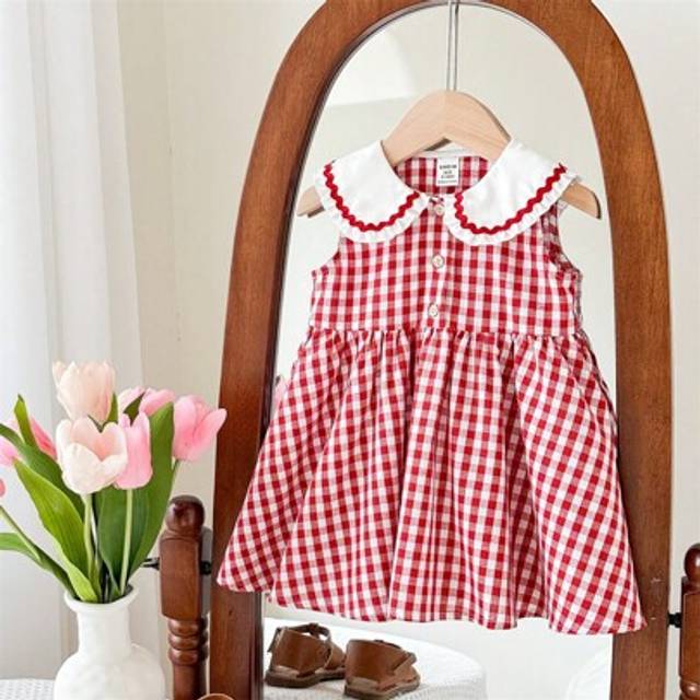 SHEIN Cute Baby Girls Summer Preppy Red & White Plaid Sleeveless Peter Pan Collar Dress