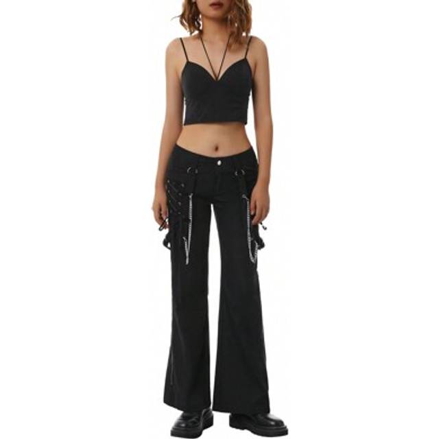 SHEIN Women Wide-Leg Trousers, Adults Punk Style Tie-Up Low Waisted Solid Color Sweatpants, Bell-Bottom Cargo Pants, Cargo Pants