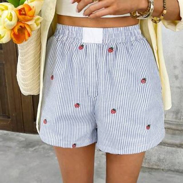 Luneh Blue & White Striped, Strawberry Embroidered, Elastic Waist, Contrast Color, Pocketed Casual Shorts For Women, Suitable For Spring/Summer Outings Vaca